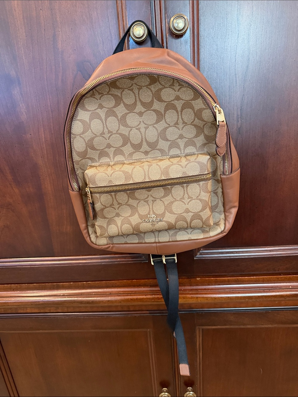 Coach Tan/Brown Signature Canvas Backpack with Leather Trim